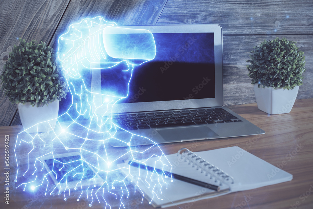 Poster Computer on desktop with AR theme icon. Multi exposure. Concept of augmented reality.