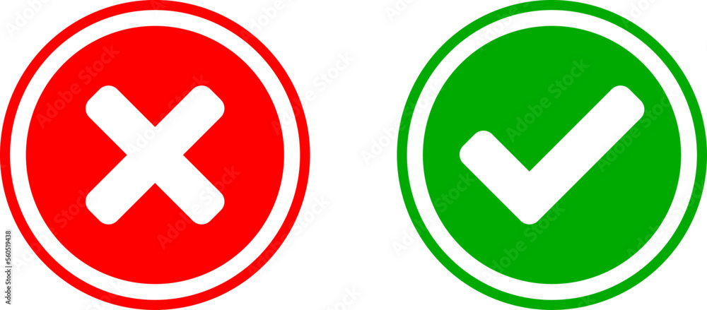 Poster set of yes and no or right and wrong or approved and rejected icons with check mark and cross symbol