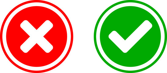 Set of Yes and No or Right and Wrong or Approved and Rejected Icons with Check Mark and Cross Symbols in Green and Red Circles. Vector Image. © Kagan Kaya