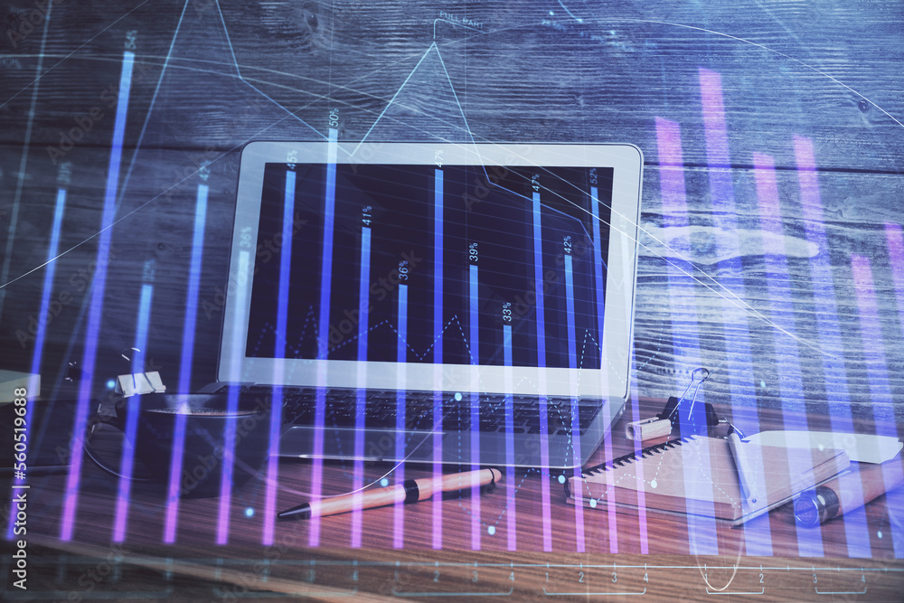 Aufkleber Financial chart drawing and table with computer on background. Multi exposure. Concept of international markets.