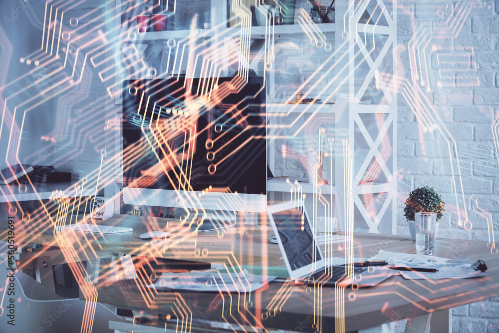 Poster computer on desktop in office with technology theme hologram. multi exposure. tech concept.