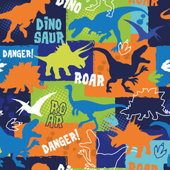 seamless pattern with bright dinosaurs, dinosaur silhouette background, dino pattern