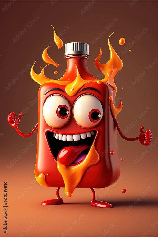 Sticker Flaming Hot Sauce Bottle Character (Generative AI)