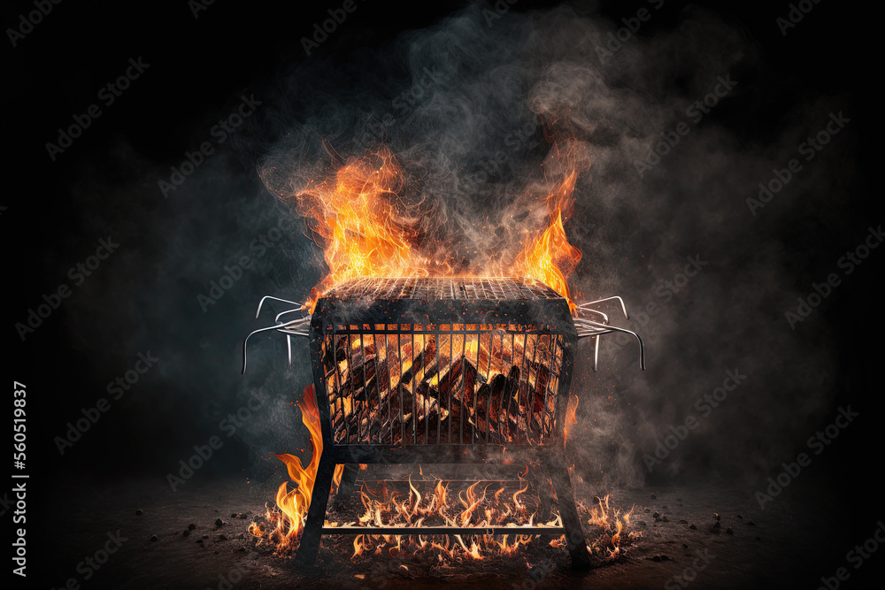 Canvas Prints Empty flaming charcoal grill with open fire, ready for product placement. Generative AI