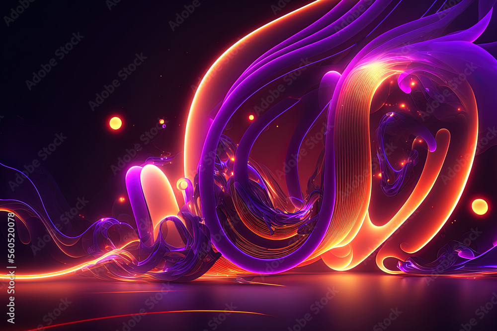 Poster curving neon lines against a bright background with an abstract shape burning in the ultraviolet. fu