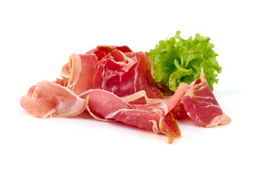 Delicious jerked prosciutto crudo, isolated on white background. High resolution image.