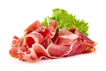 Italian prosciutto crudo or spanish jamon. Jerked meat, isolated on white background.