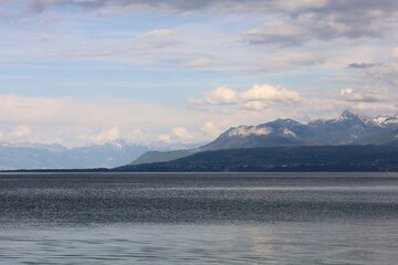 Fototapeta premium View on the lake Geneva which is a deep lake on the north side of the Alps, shared between Switzerland and France. 