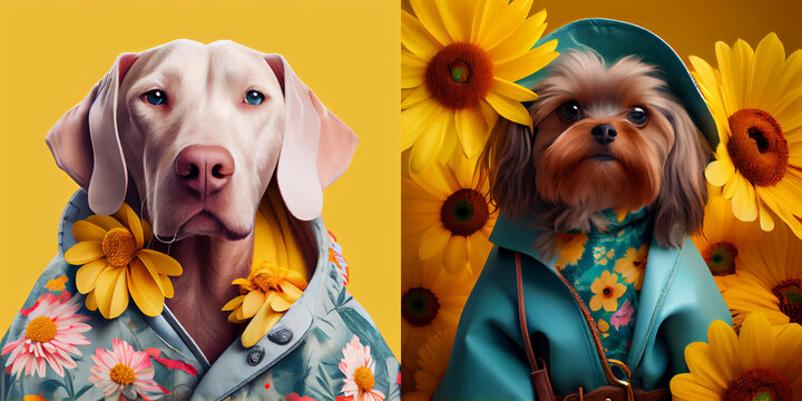 Group of dogs and flowers on a yellow background, collection