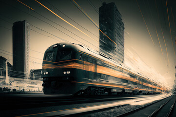 Naklejka premium in the city, in front of a speeding train. Generative AI