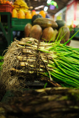 Welsh onions piled up for sale at farmers' market