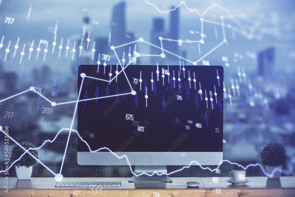 Poster Financial chart drawing and table with computer on background. Multi exposure. Concept of international markets.