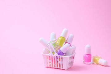 Nail polish variety, colorful enamel, copy space