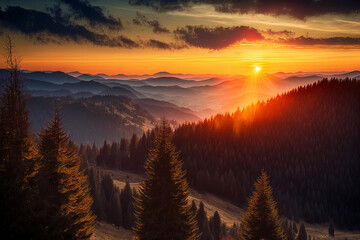 breathtaking view of the Black Forest's environment and sunset from the Roßbühl Refuge in Oppenau, Oppenauer Steige. Generative AI - obrazy, fototapety, plakaty