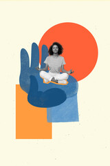 Creative photo 3d collage artwork poster of pretty lady girl sitting big arm enjoy yoga morning time energy isolated on painting background