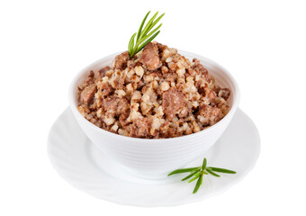 Buckwheat porridge with meat and rosemary in a bowl
