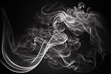 White natural steam smoke effect on a background of solid black with abstract blur motion wave swirl used as an overlay for notions like pollution, vapor cigarettes, gas, dry ice, warm, hot food, and
