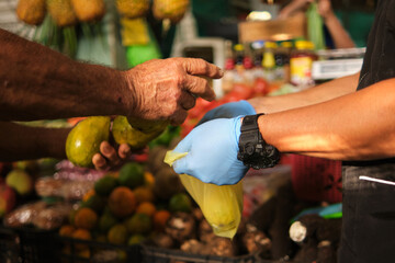 hands of two unrecognizable men packing fruit for sale in the middle of Colombian fruit and vegetable market