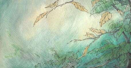 Painted branches with leaves on a textured background