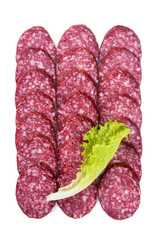 Raw smoked sausage cut into pieces, laid out in rows with lettuce