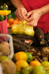 unrecognizable woman's hands holding plastic bag filled with fruits and vegetables at farmer's market