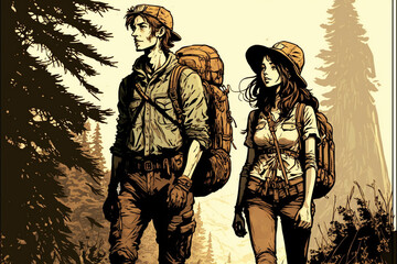 Fototapeta na wymiar illustration of a young couple going hiking. Generative AI