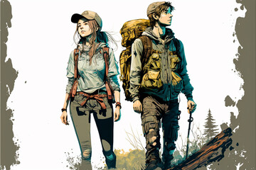 Fototapeta premium illustration of a young couple, how the two go hiking in the forest in nature. Generative AI