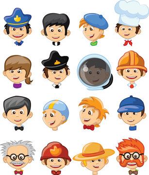 Cute kids in various professions avatar set. Smiling little boys and girls in uniform with professional equipment colorful vector illustrations