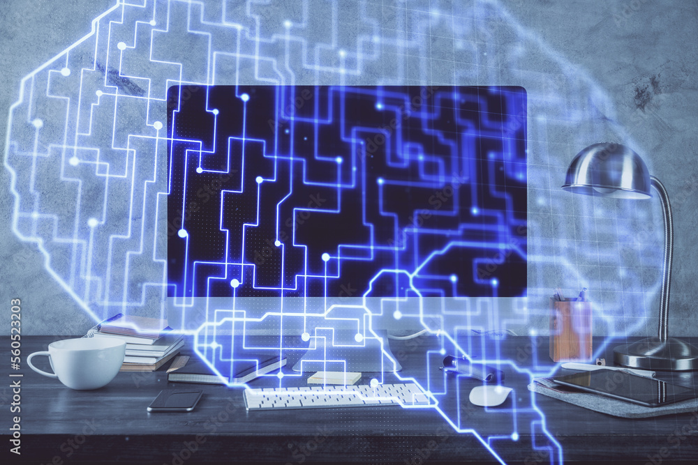Poster double exposure of table with computer and brain hologram. data innovation concept.