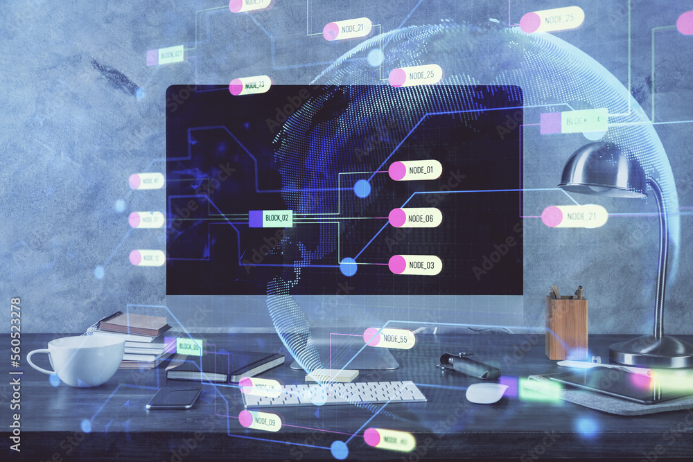 Aufkleber technology theme drawing and table with computer. double exposure. concept of information.