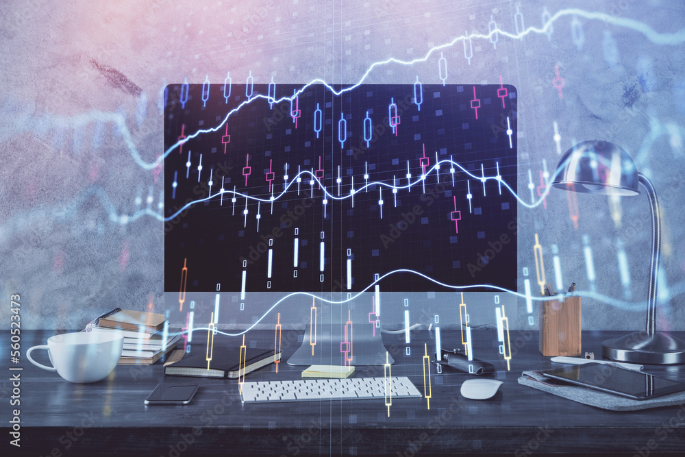Poster Financial chart drawing and table with computer on background. Multi exposure. Concept of international markets.