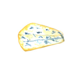 Watercolor drawing of fresh, natural cheese. Isolated on white background. Farm dairy products. Can be used for packaging design of dairy products, recipes, prints, napkins, postcards, advertising.