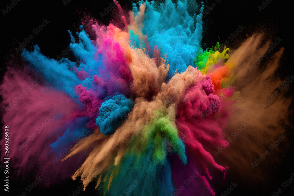 Poster powder explosion with color. abstract close up of background with dust. vibrant explodes holi paints