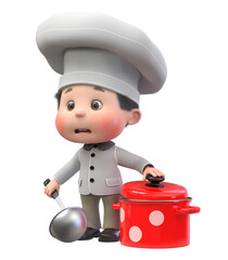 3D illustration the boy cooks with a saucepan and ladle