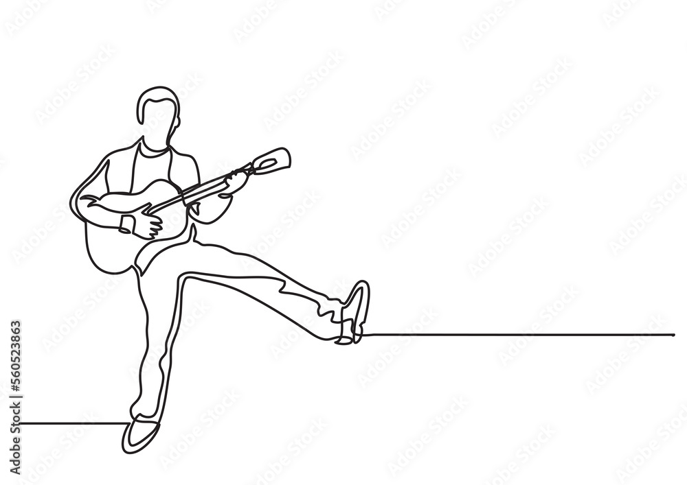 Poster continuous line drawing happy man playing guitar - png image with transparent background