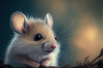 a small mouse sitting on top of a branch with a blurry background behind it and a blurry background behind it, with a small mouse looking at the camera, with a bit of.