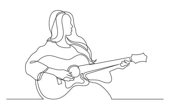 continuous line drawing girl playing acoustic guitar - PNG image with transparent background