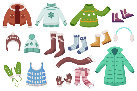 Winter clothes, shoes and accessories vector illustrations set. Cartoon drawings of jacket, coat, jumpers, socks, hats, boots isolated on white background. Winter, seasons, fashion concept