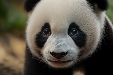 Obraz premium a panda bear with a black and white face and a black nose and head with a white and black stripe on it's chest and a black and white face and black and white panda.
