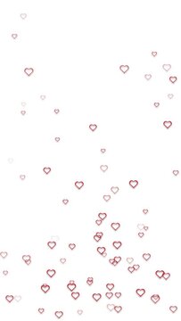Small heart shapes fly vertically, seamless looping animation on white copy space background. Vertical animation.