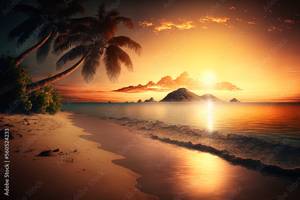 Wall mural scenery from paradise beach on a tropical island, sunrise image. generative ai