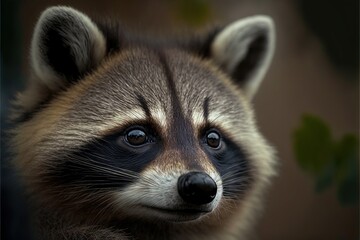  a raccoon with a sad look on its face and eyes, looking at the camera with a blurry background of leaves and leaves on the wall behind it, with a blurry.