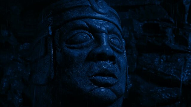 Lightning And Rain On Statue Head At Night