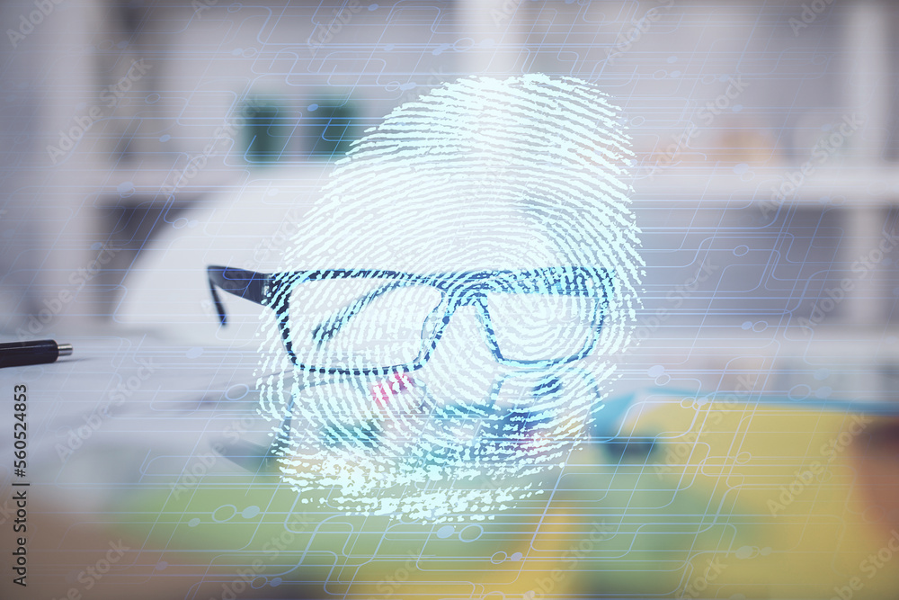 Poster fingerprint drawing with glasses on the table background. concept of security. double exposure.