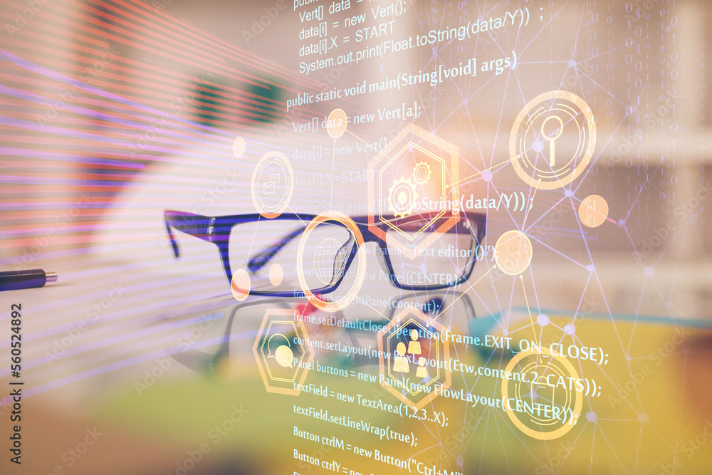 Poster data tech hologram with glasses on the table background. concept of technology. double exposure.