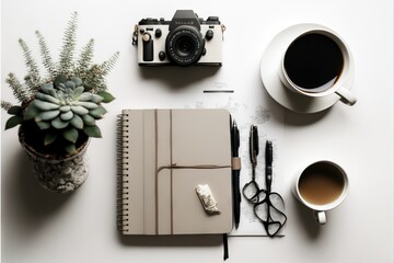  a desk with a camera, notebook, pen, and a cup of coffee on it with a plant in the middle of the table and a camera on top of the desk is a.