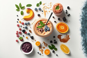 a smoothie with fruit and a spoon on a white surface with a blue background and a green leaf on top of it, surrounded by other fruit and a spoons and a blue.
