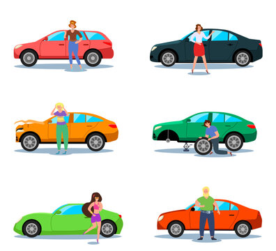 Male and female drivers next to cars vector illustrations set. Cartoon drawings of men and women standing with new or broken automobiles on white background. Transportation, car repair service concept