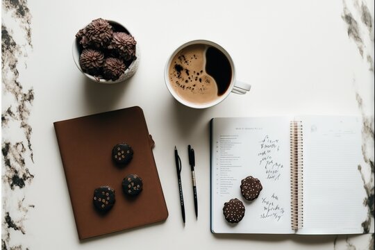  a notebook, pen, cup of coffee and donuts on a table top with a notepad and pen and a cup of coffee on the side of the table is a notebook with a.