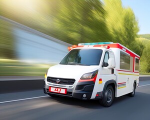 Emergency vehicle with sirens on highway. 